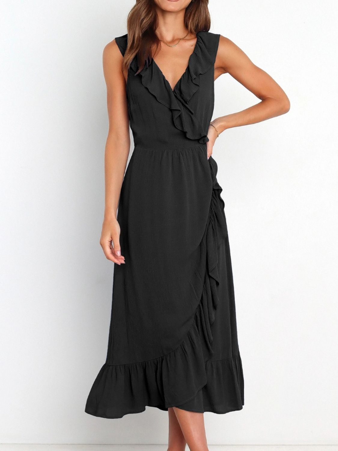 Ruffled Surplice Sleeveless Midi Dress