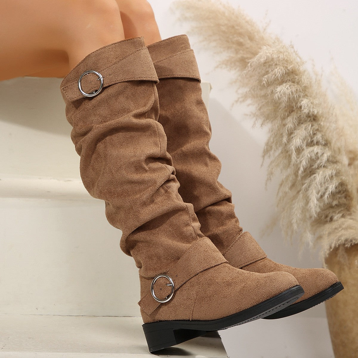 Buckle Round Toe Block Heel Boots